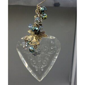Swarovski Crystal Heart Ornament Etched Design Gold Tone Bell Charm Bead Accents